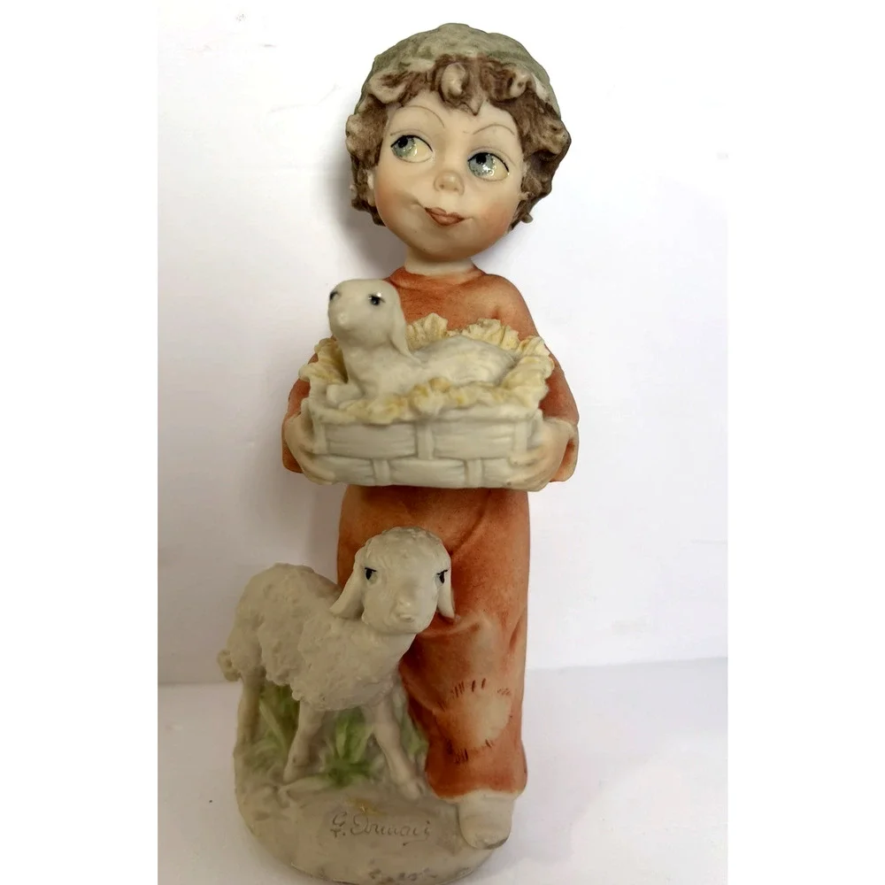 Giuseppe Armani Signed Boy Figurine Sheep Florence Italy Resin 6.5